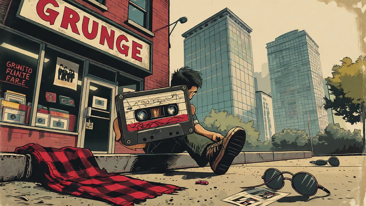 Melancholic cartoon of person sitting with grunge memorabilia near modern buildings