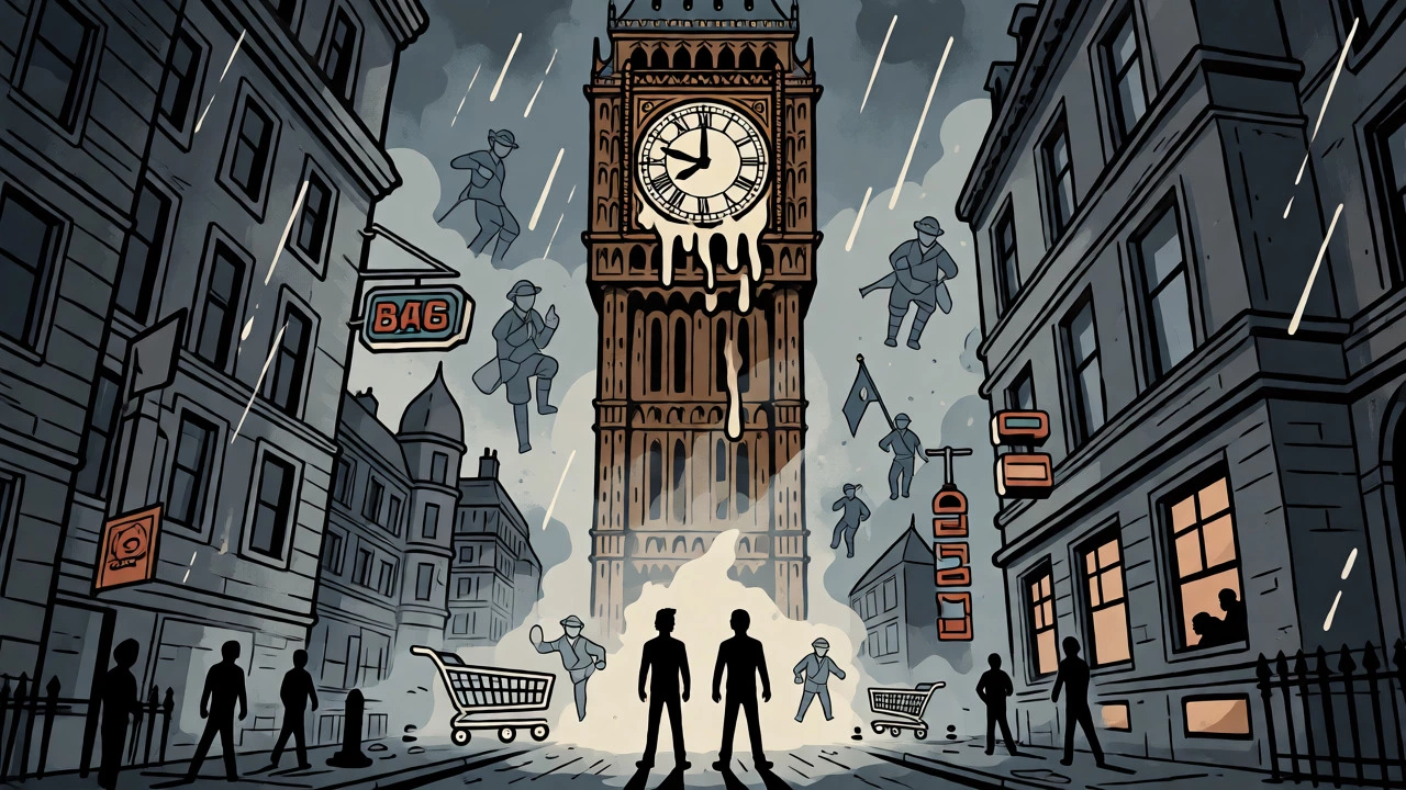 Melting Big Ben over London with band members amidst surreal symbols