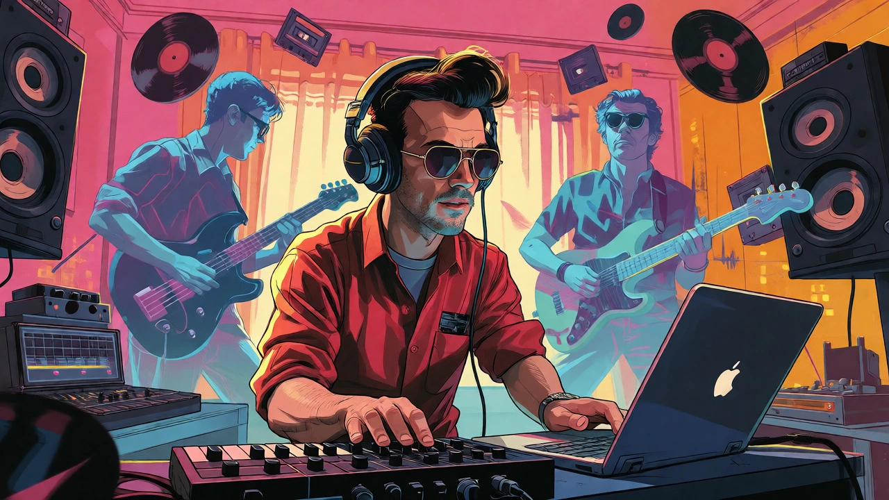 Modern producer with ghostly 80s musicians in a cartoon style