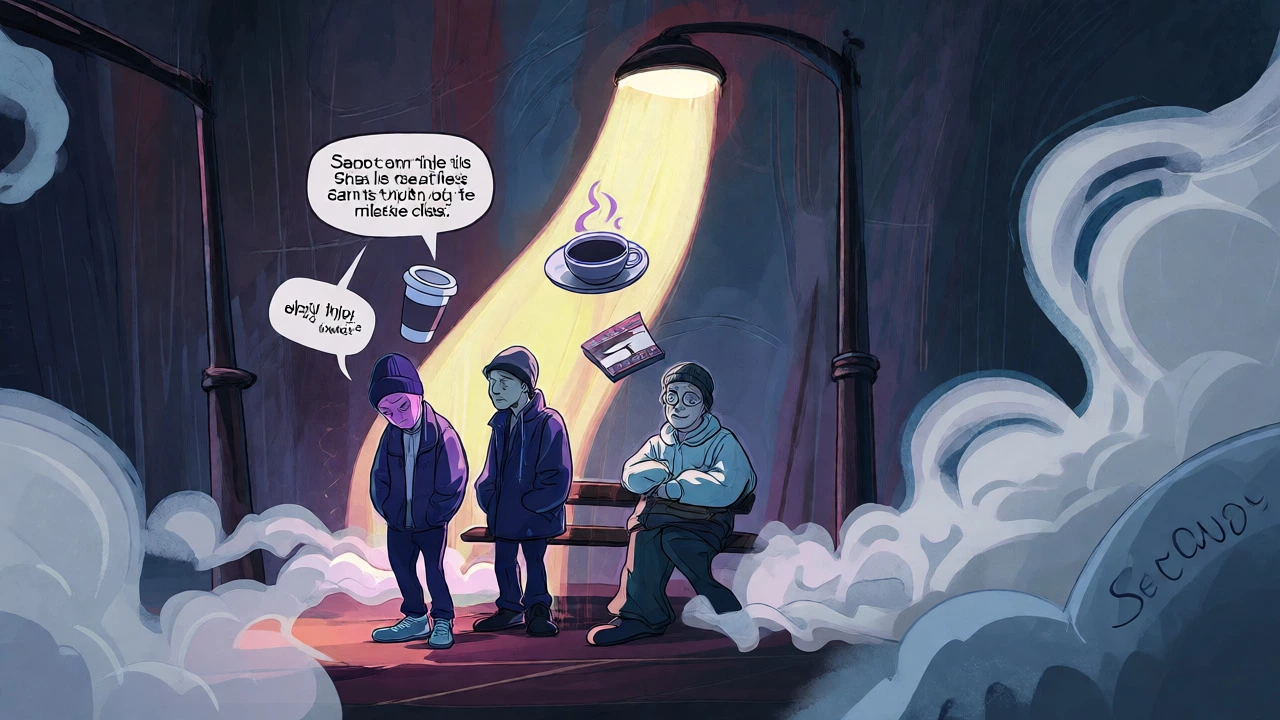 Moody cartoon scene of trip-hop artists resisting commercial labeling in Bristol.