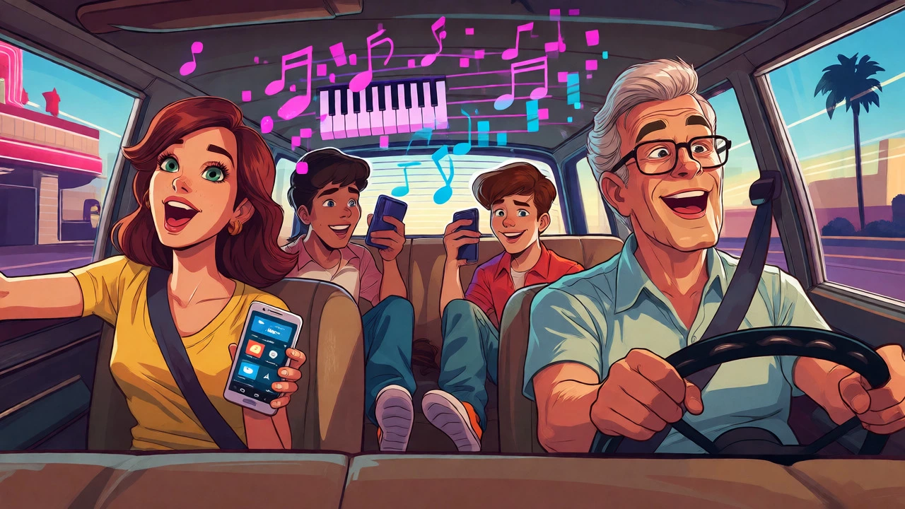 Multi-generational family road trip blending retro and modern music tastes