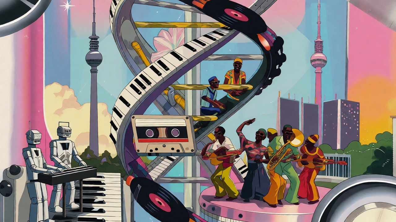 Musical DNA helix combining synths, brass, and dance elements from the 1970s