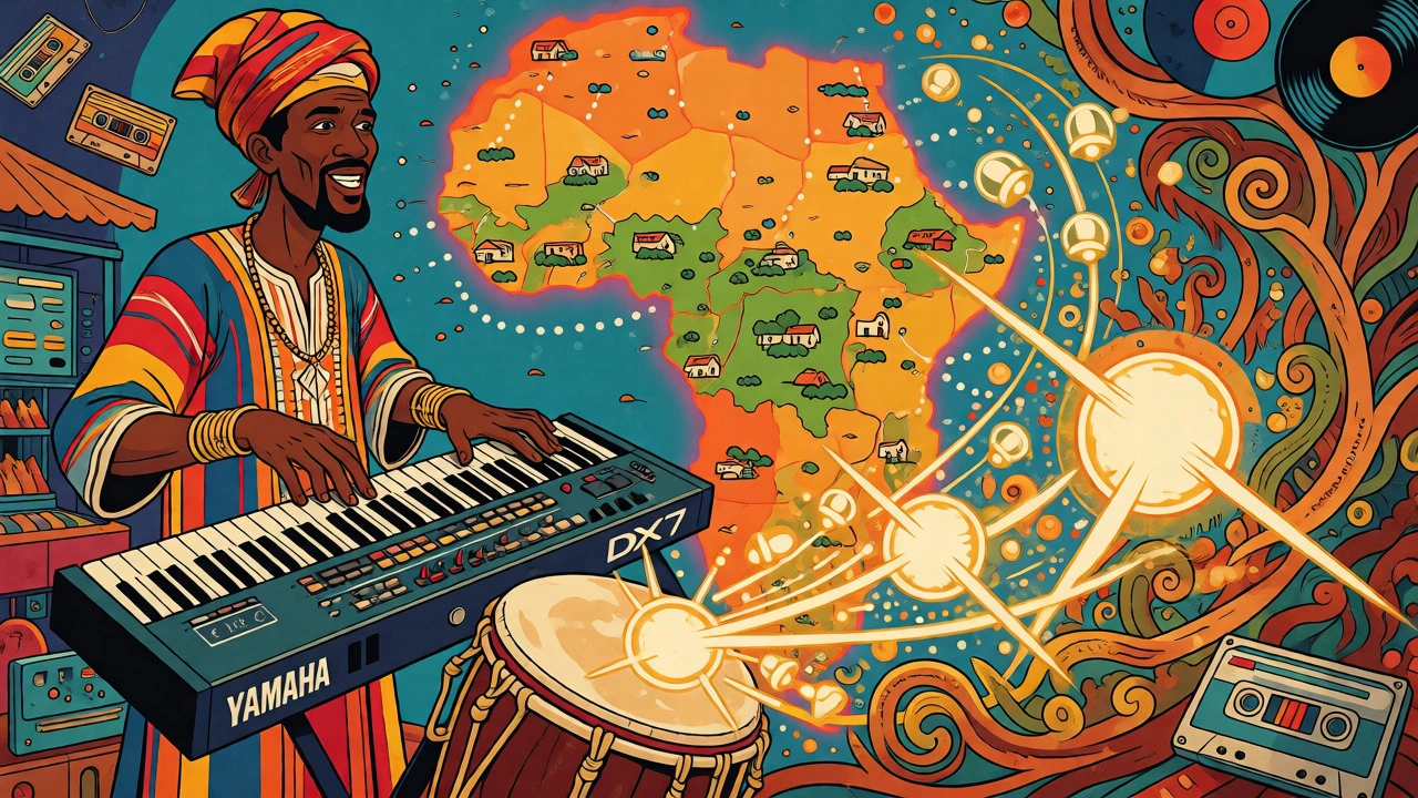 Musician blending Yamaha DX7 synth and traditional drums, merging tech with African heritage.