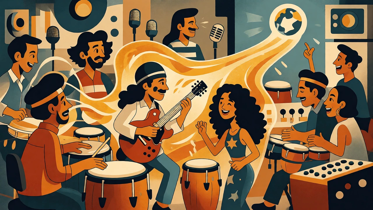 Musicians blending instruments in a vintage cartoon studio