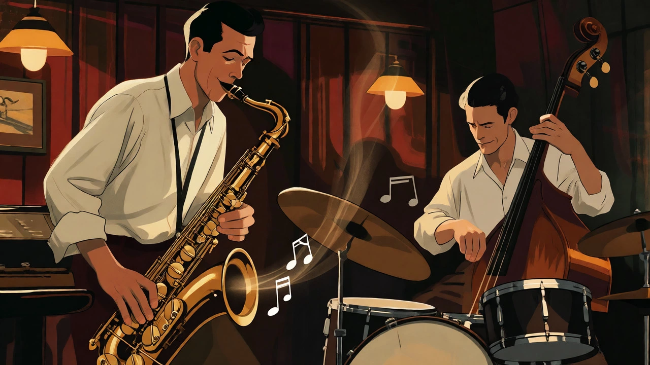 Musicians play smooth jazz instruments in a dimly lit, smoky vintage-style club setting.