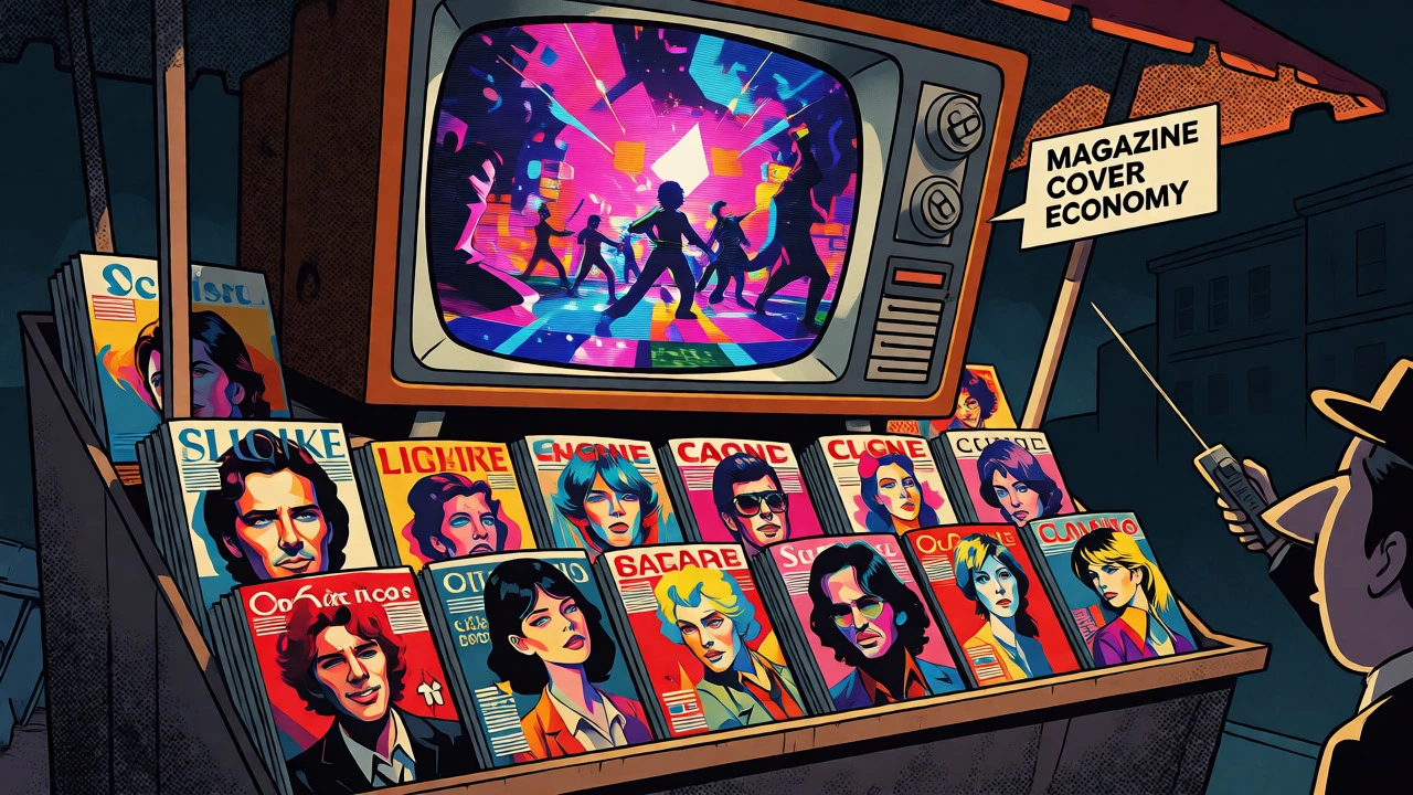 Newsstand with magazines and TV showing MTV-style visuals