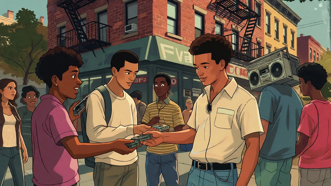 People exchanging dubbed cassette tapes on a busy city street corner