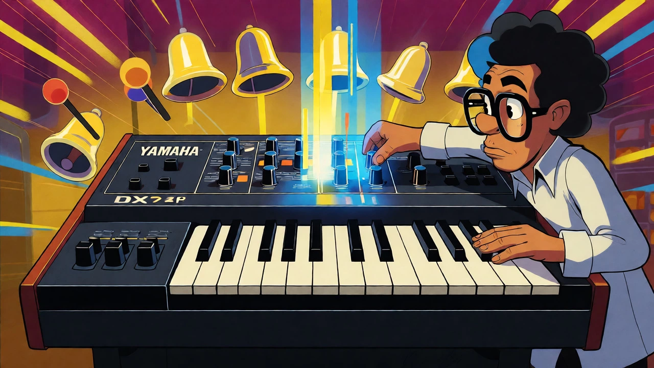 Producer adjusting a glowing Yamaha DX7 synthesizer in a studio