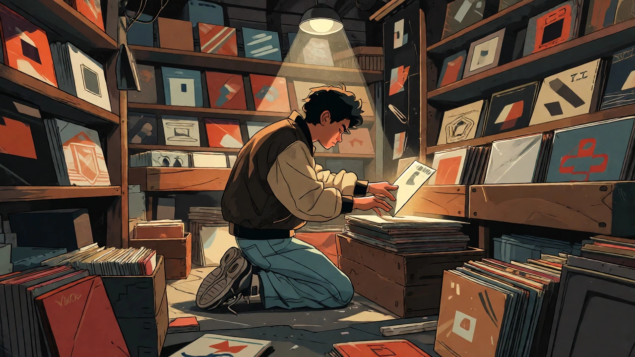 Producer digging through vinyl crates in a dimly lit record store.