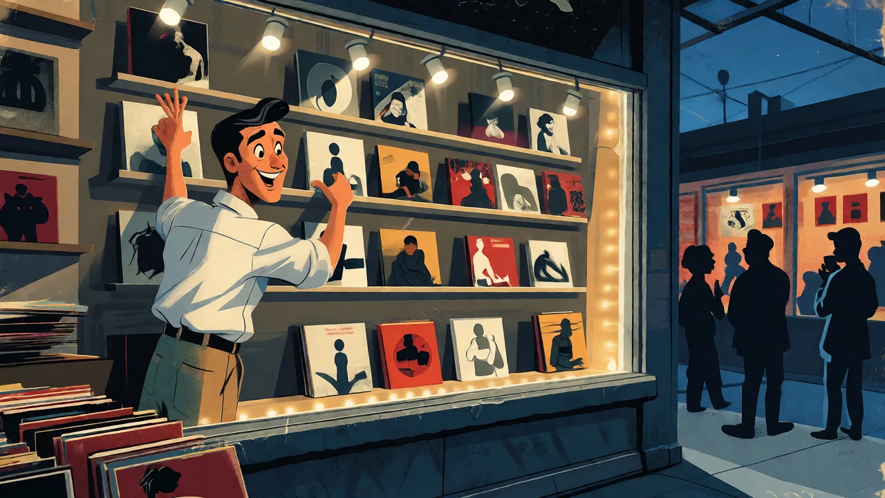 Record store owner installing LED lights behind framed albums in a nighttime window display.