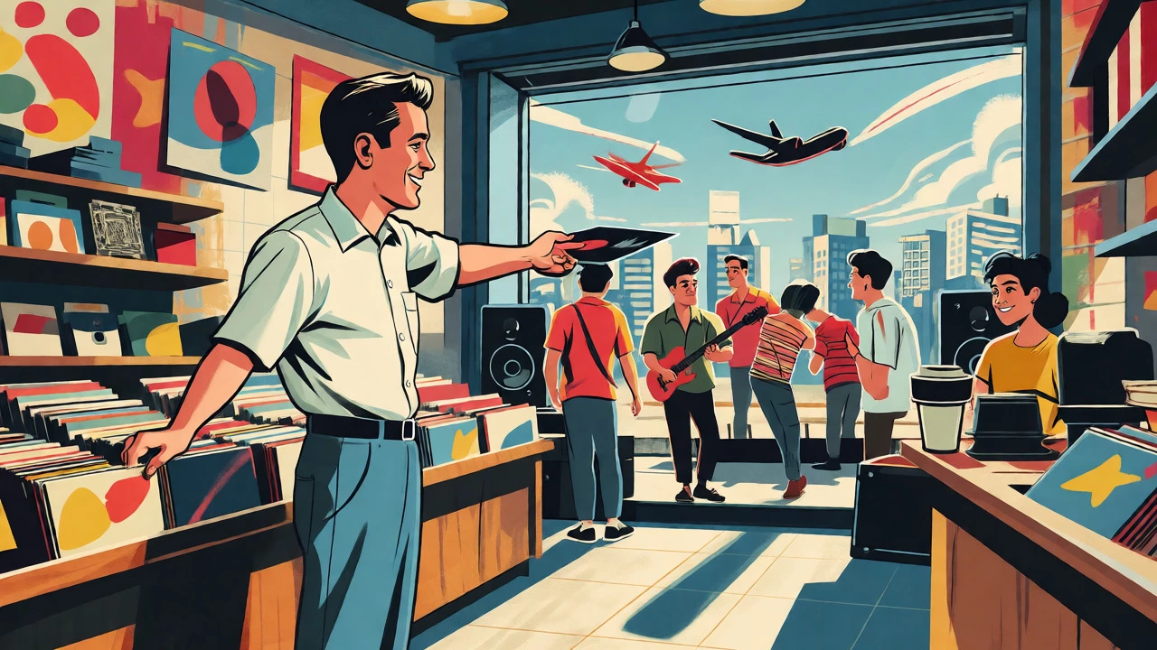 Retro cartoon of a record store owner serving customers in a mixed-use venue