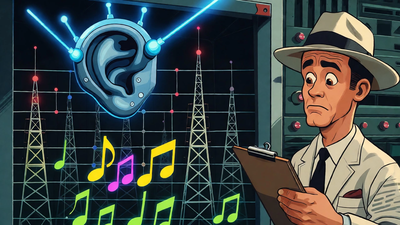 Retro cartoon showing a robotic ear electronically monitoring radio stations