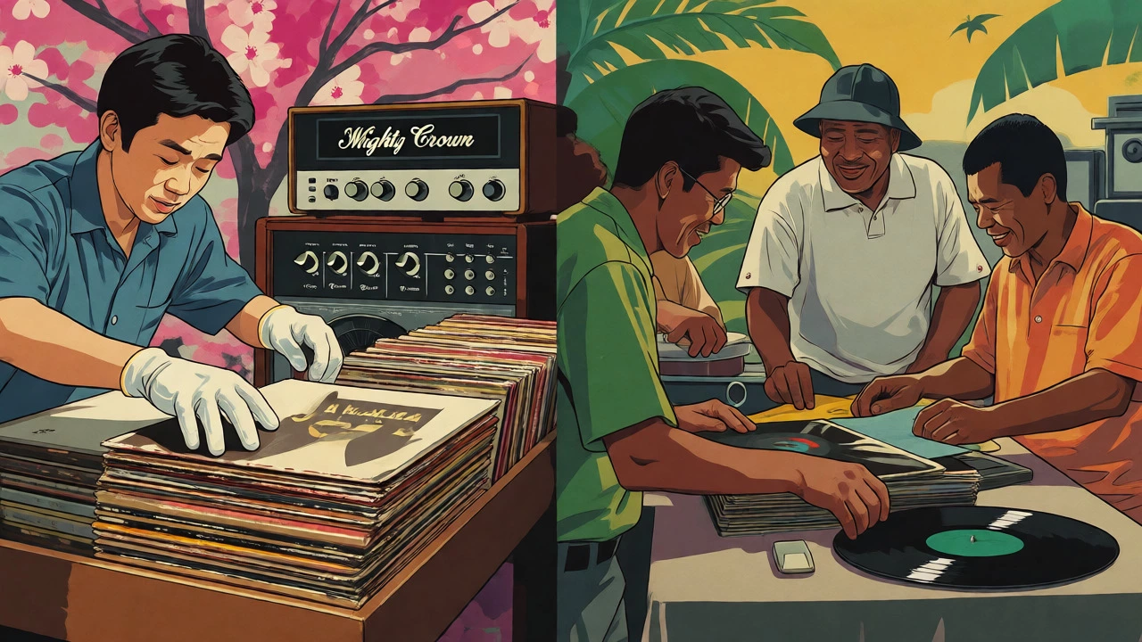 Retro cartoon showing Japanese collectors archiving and exchanging reggae vinyl with Jamaicans.