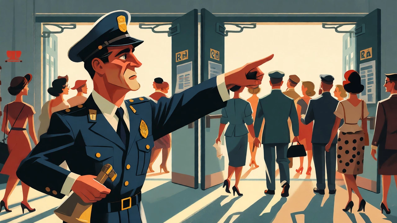 Retro cartoon style safety officer guiding concert-goers toward open exits