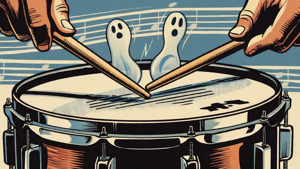 Retro illustration showing ghost notes on a snare drum with visual effects highlighting subtle rhythms.