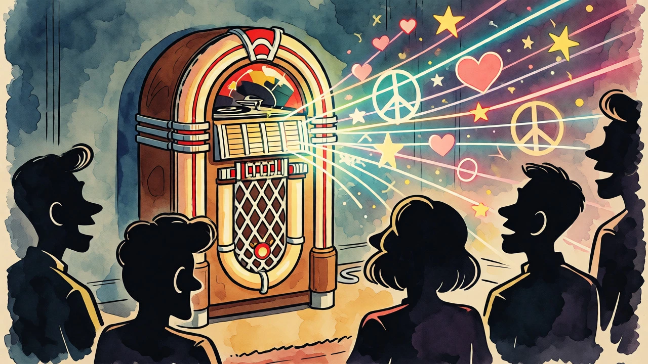 Retro jukebox emitting magical lights connecting listeners across time