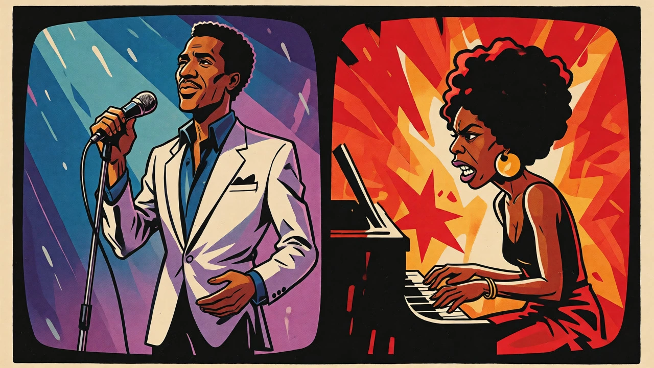 Sam Cooke and Nina Simone performing contrasting protest songs