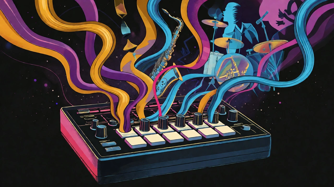 Sampler machine emitting colorful sound waves forming musical shapes.