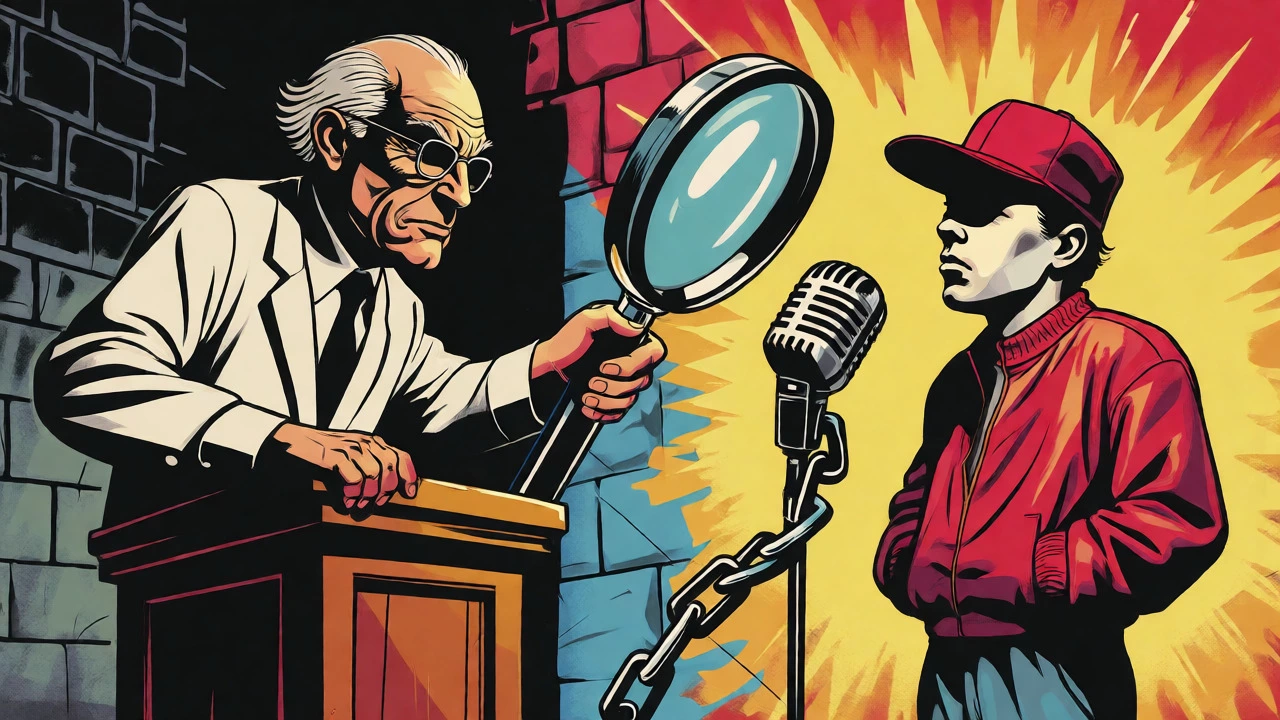 Satirical cartoon of a critic scrutinizing a pop-rapper during the crossover era.