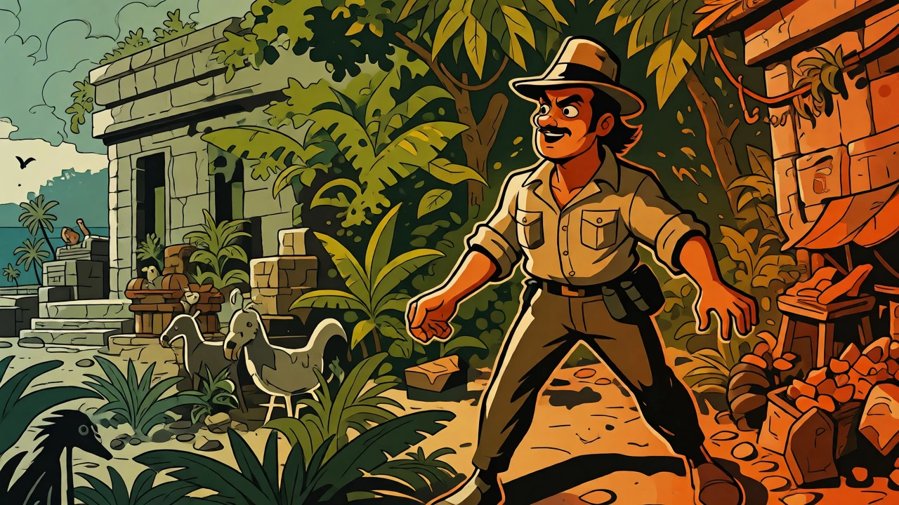 Singer in a hat exploring a jungle ruin setting