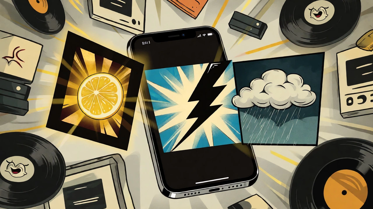 Smartphone showing album art as comic strip panels
