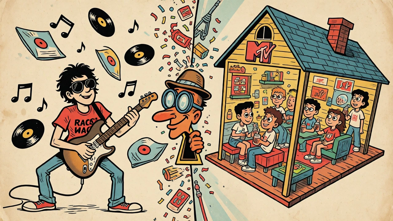 Split cartoon scene contrasting music videos with sponsored reality TV