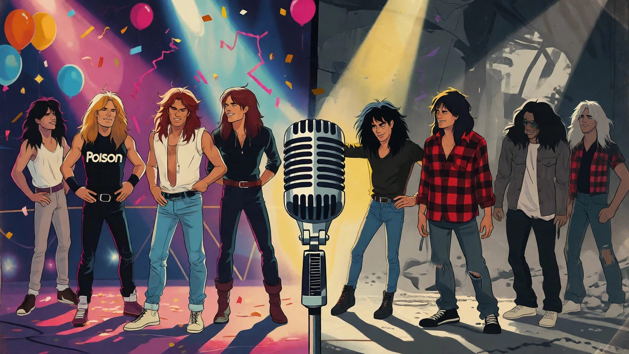 Split-scene cartoon showing transition from 80s glam to 90s grunge