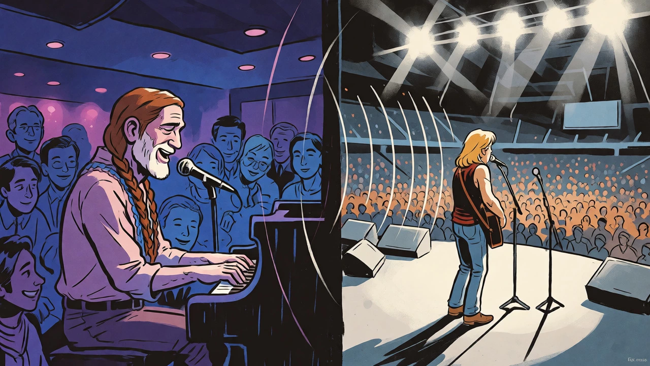 Split scene comparing an intimate casino piano performance with a large arena concert.