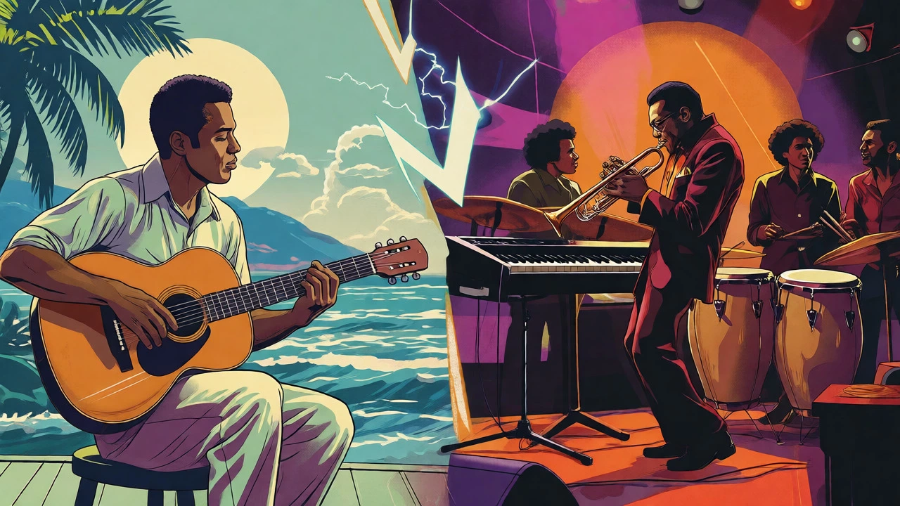 Split scene contrasting Brazilian bossa nova with 1970s electric jazz fusion, vintage cartoon art.