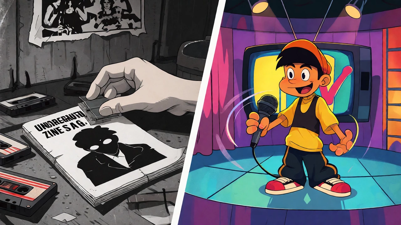 Split scene contrasting DIY zine production with a bright MTV Latino TV studio in cartoon art.