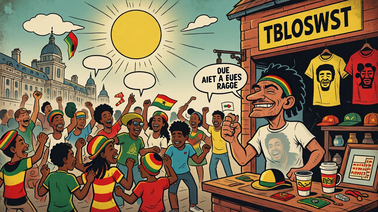 Split scene showing global reggae unity alongside commercialized tourist merchandise.