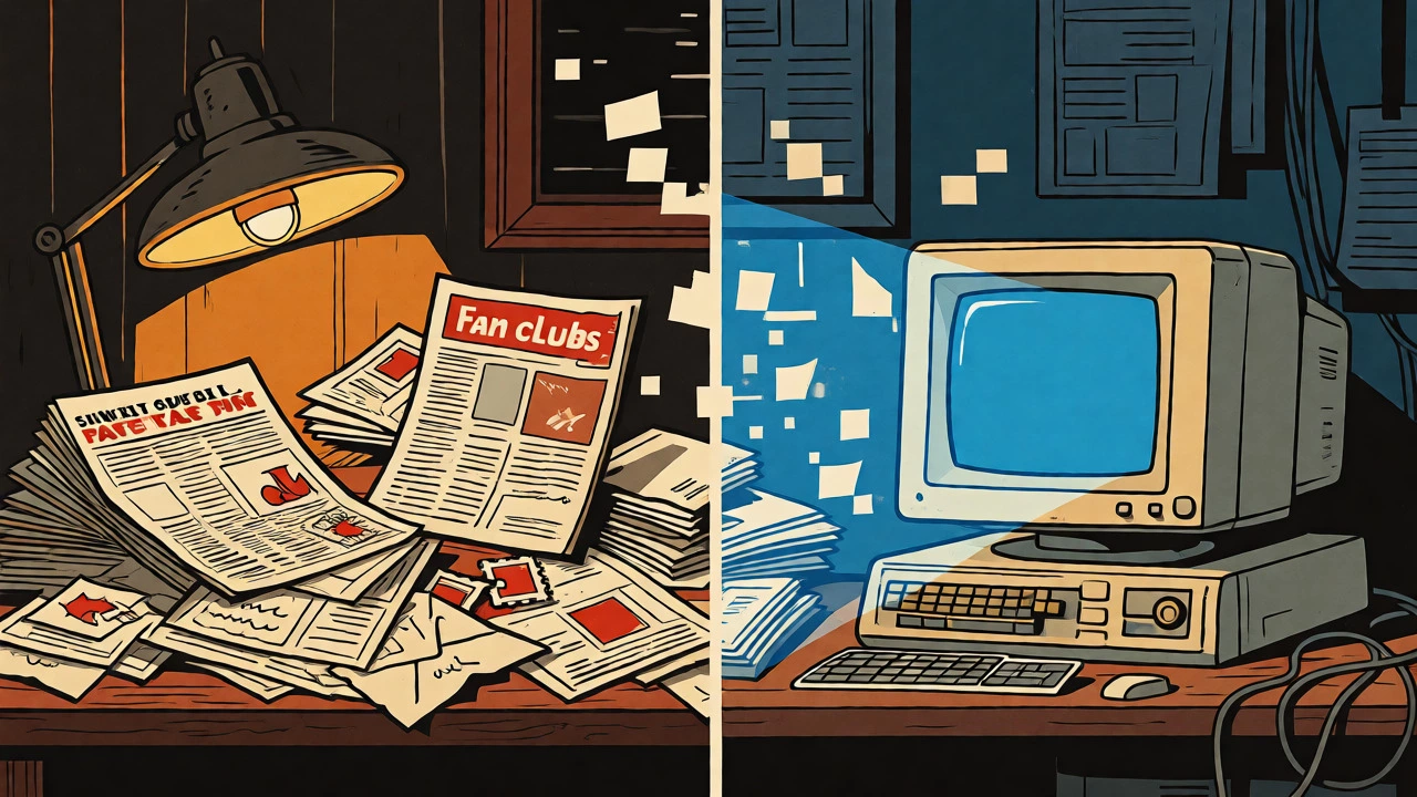 Split scene showing paper fan club newsletters transitioning into early desktop computer screens.