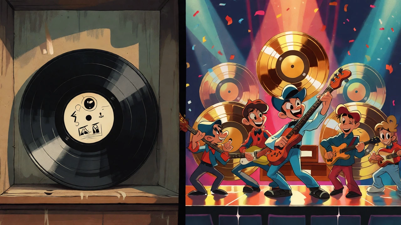 Split-screen cartoon contrasting a lone record with a lively band performance.
