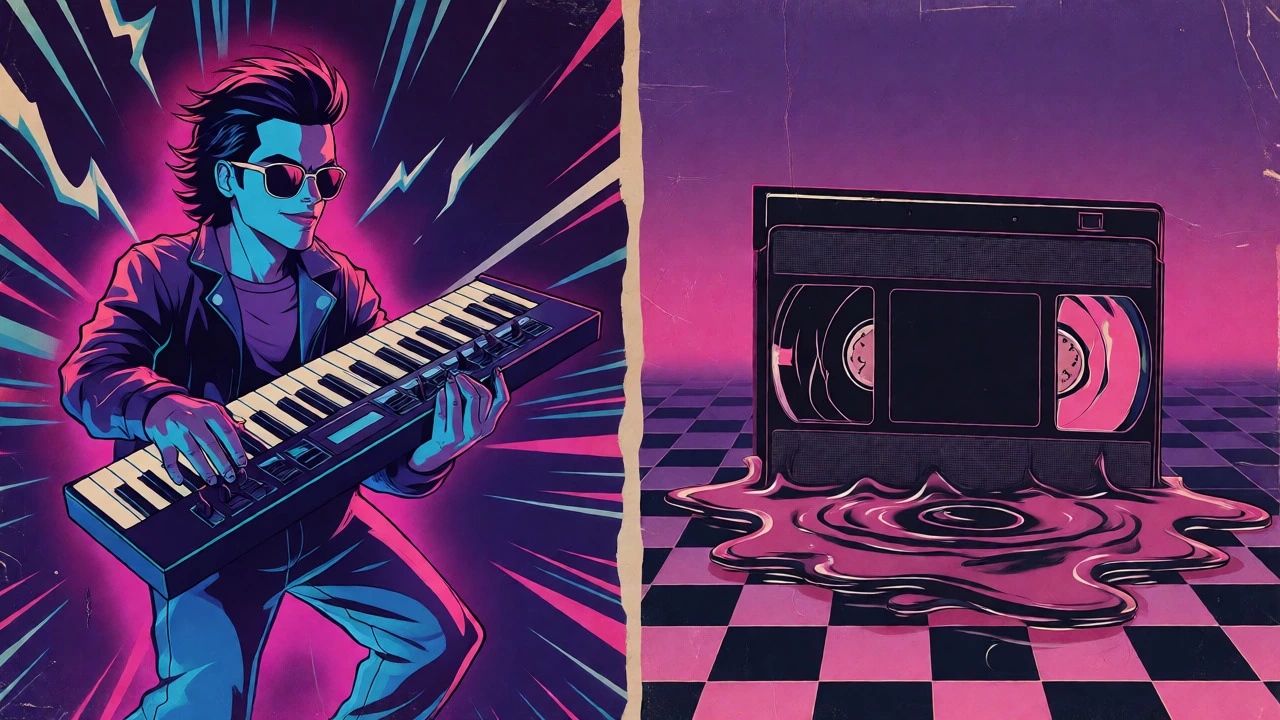 Split-screen vintage cartoon comparing synthwave energy and vaporwave stillness
