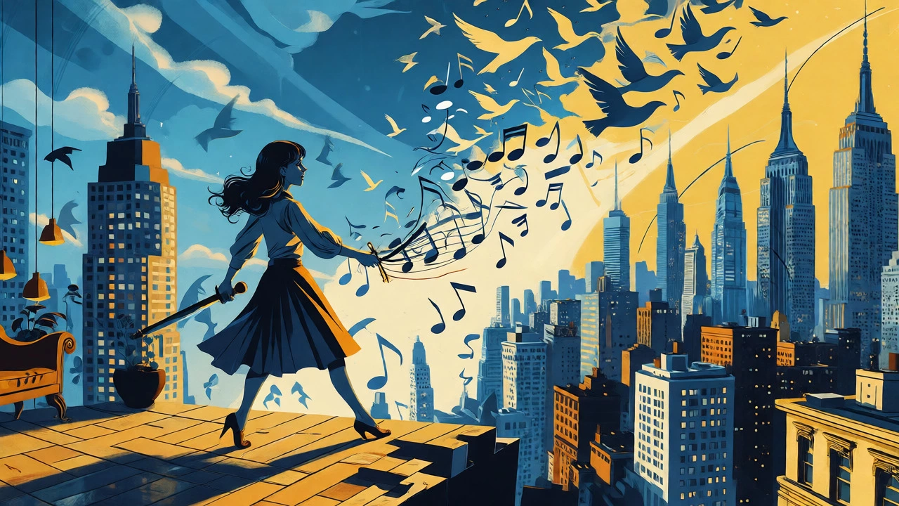 Stylized cartoon of a songwriter turning notes into birds over a city