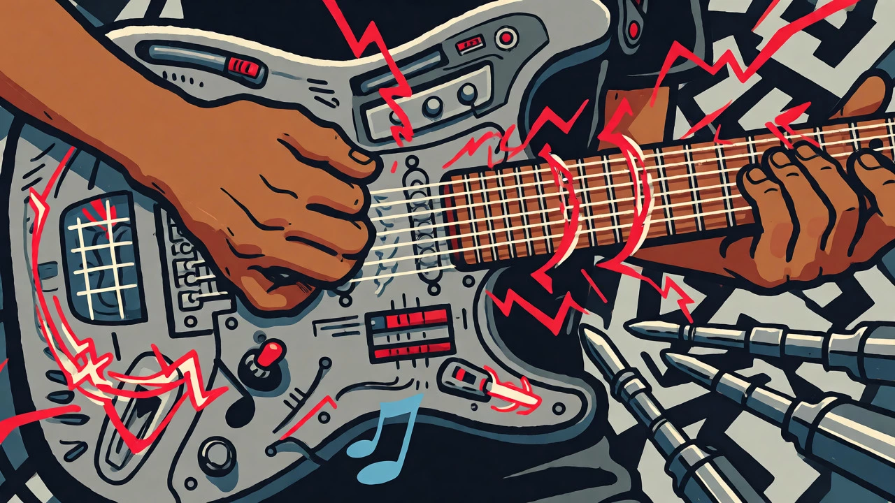 Stylized guitarist using effects pedals like a DJ deck with visual sound waves.