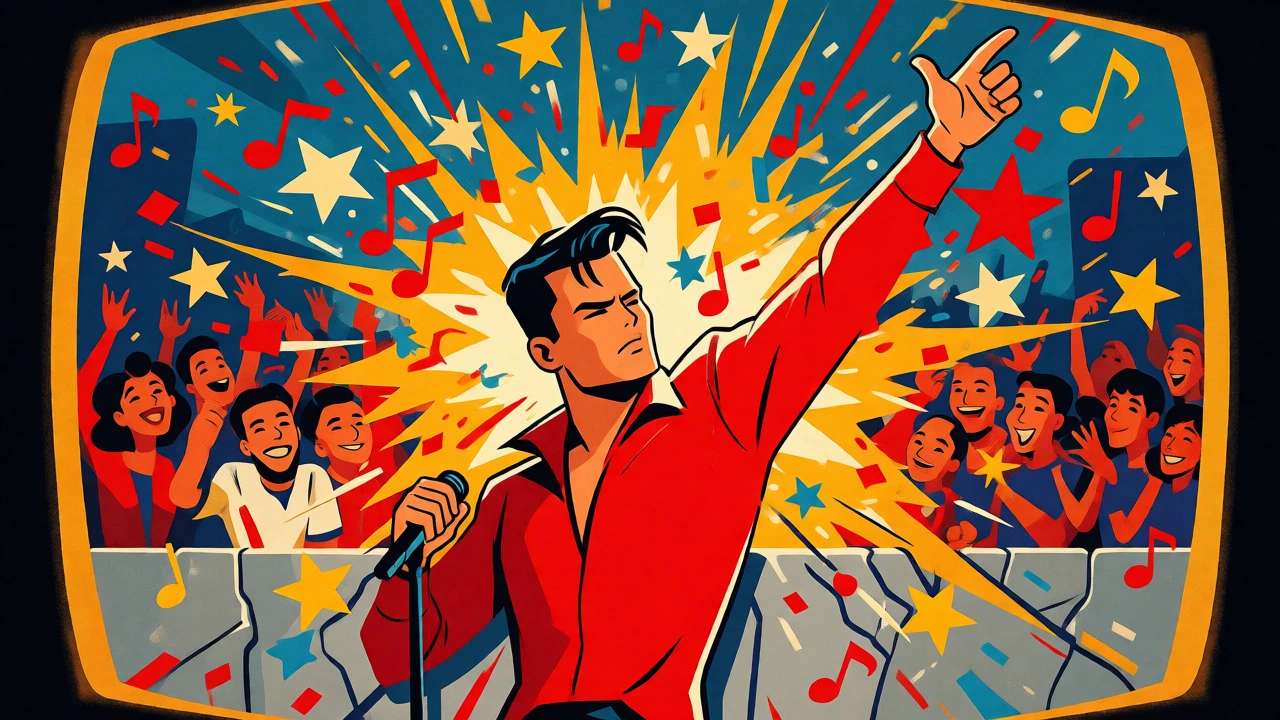 Stylized singer performing energetically on a stage with confetti
