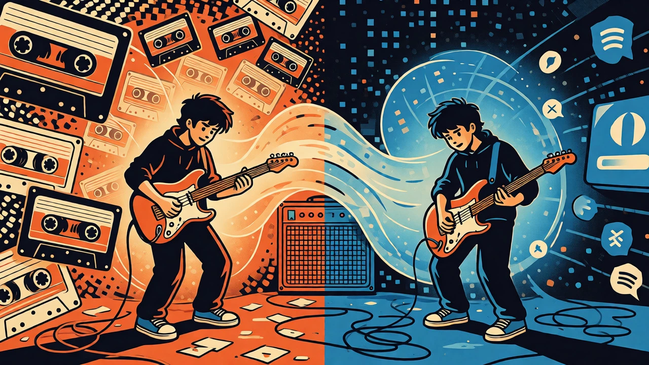 Surreal cartoon image blending analog cassettes and digital pixels around a guitarist.