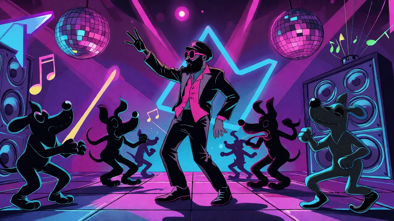 Surreal cartoon of George Clinton dancing with dogs under neon lights