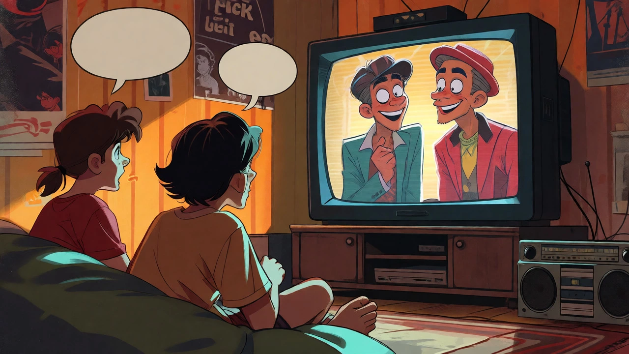 Teens watching a TV screen showing two pop stars interacting theatrically.