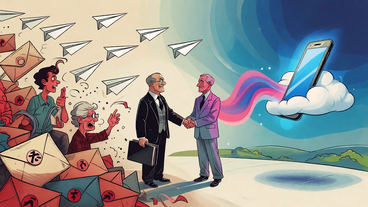 Transition from lawsuit chaos to calm streaming via smartphone in vintage cartoon art.