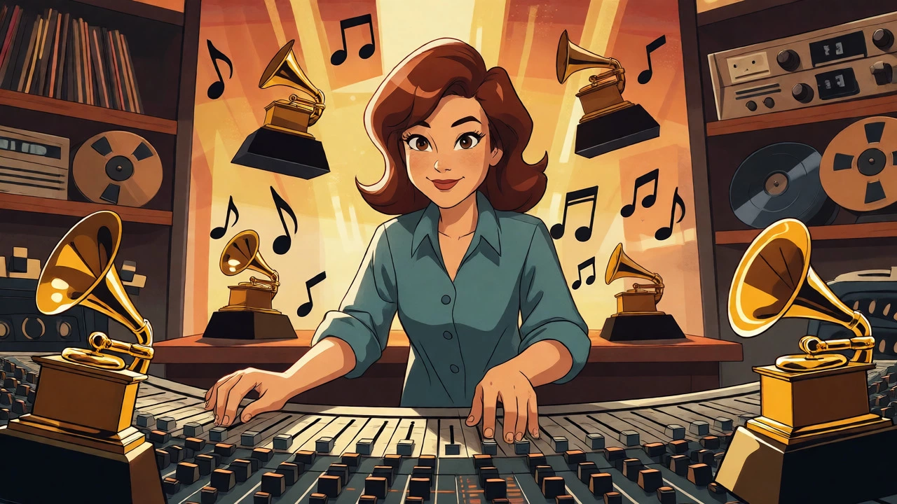 Trina Shoemaker at a mixing console with floating Grammy awards in cartoon style.