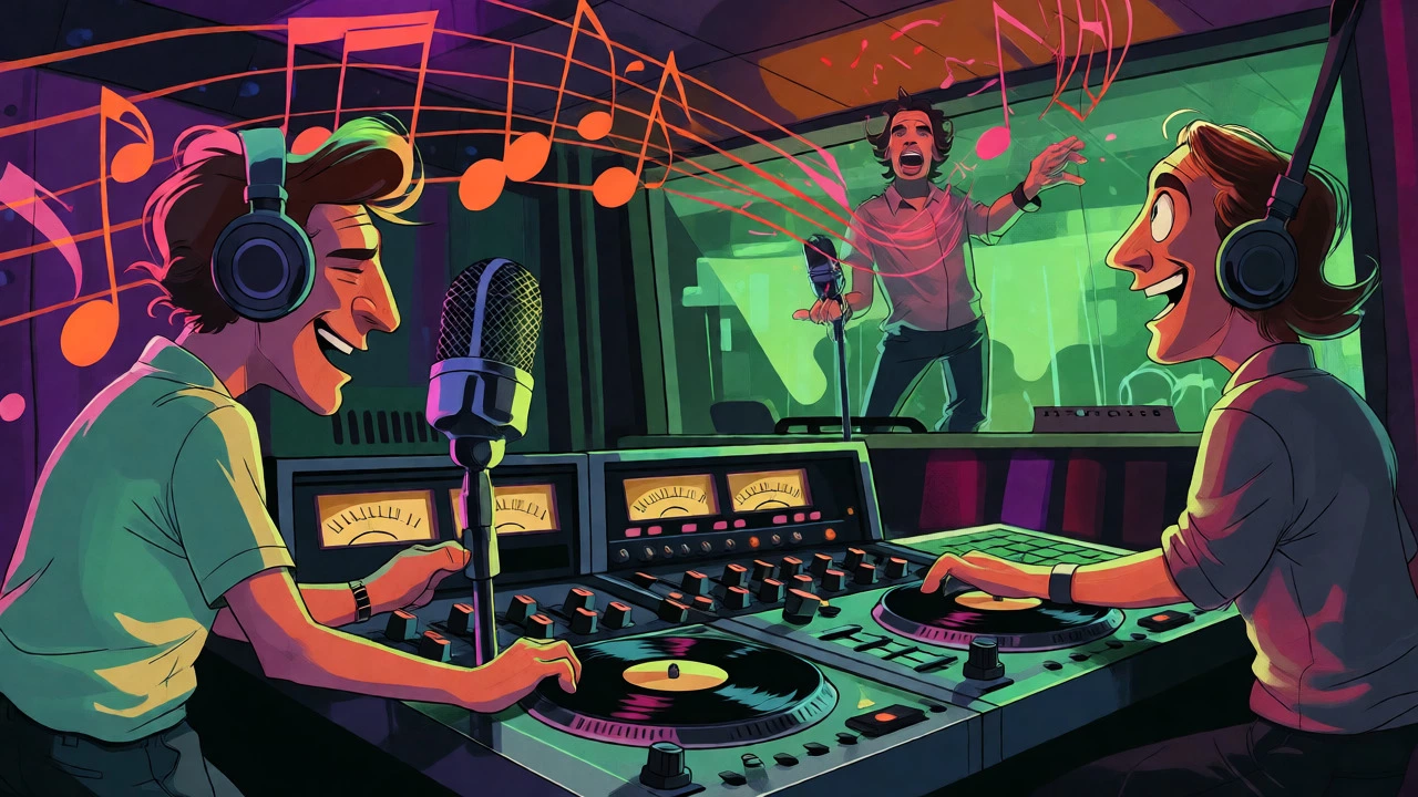 Two DJs and an MC performing live in a colorful, energetic vintage radio studio