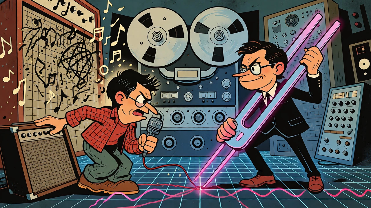 Two producers contrasting lo-fi grit with radio polish in a studio