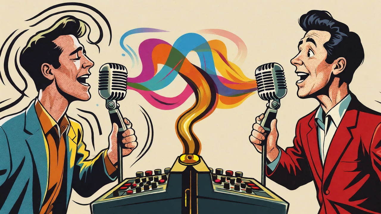 Two singers double-tracking with varied expressions creating intertwined audio streams.