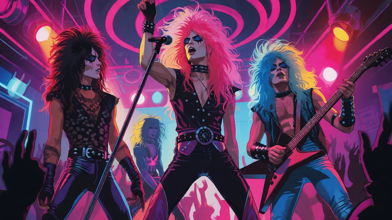 Vibrant cartoon of glam metal band performing on neon-lit stage