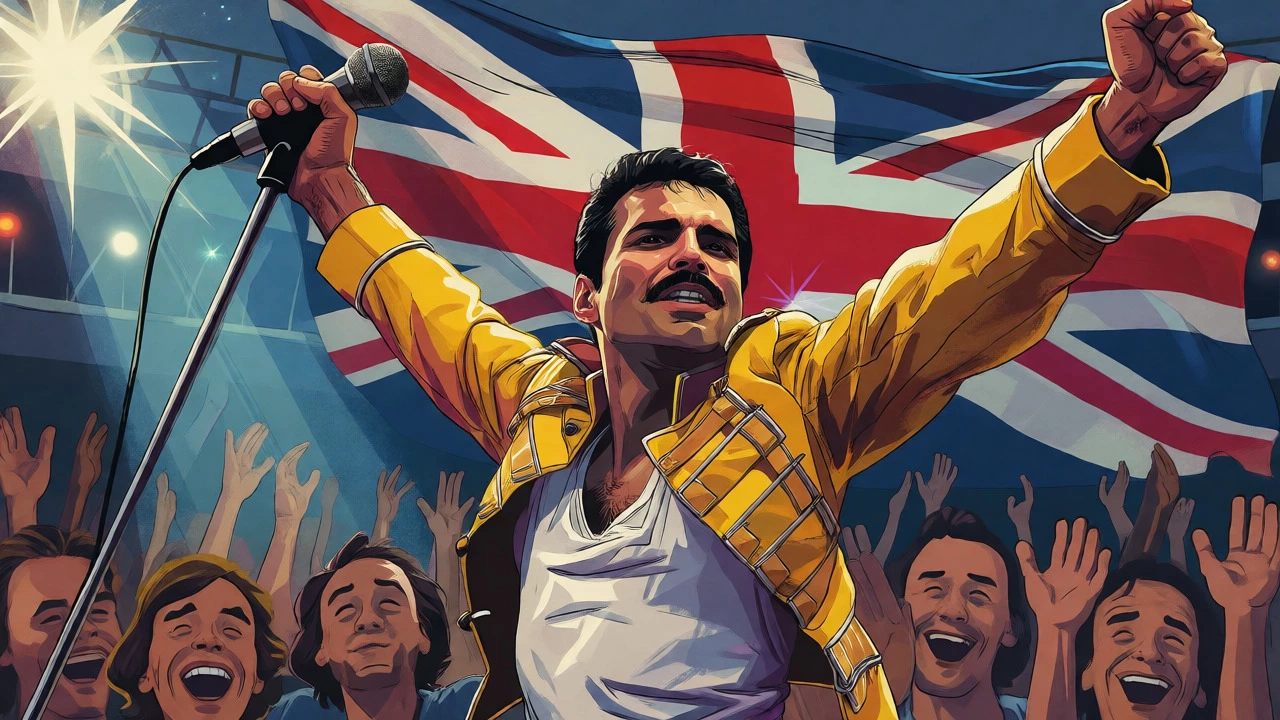 Vintage cartoon depiction of Freddie Mercury performing energetically on stage at Wembley Stadium.
