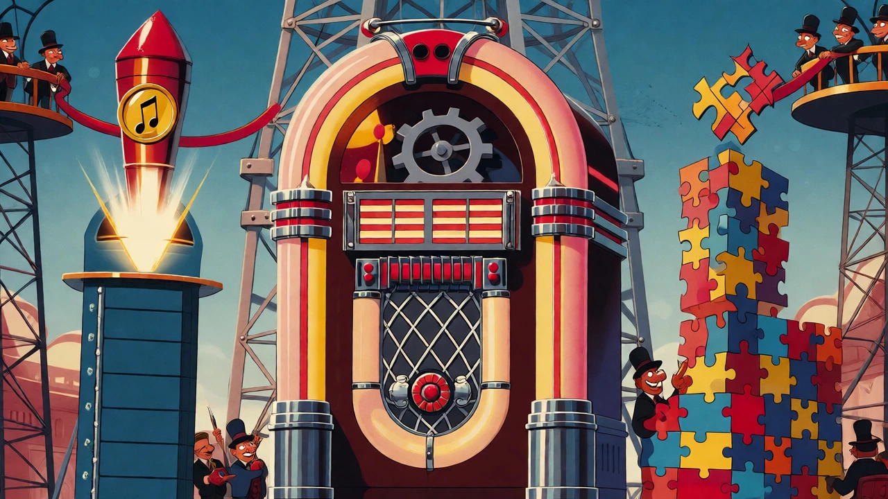 Vintage cartoon illustrating 1980s chart mechanics with rockets and mosaics.