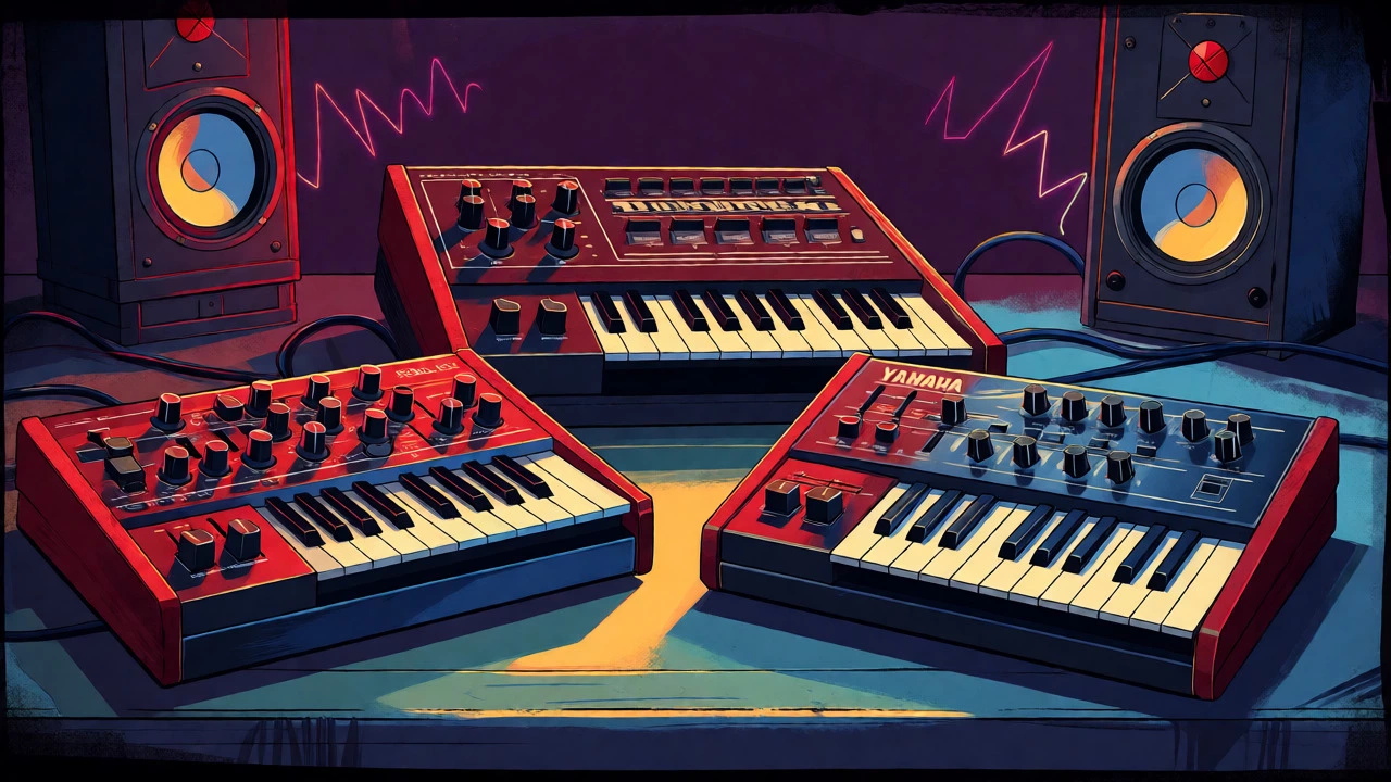 Vintage cartoon illustration of classic 1980s synthesizers on a desk