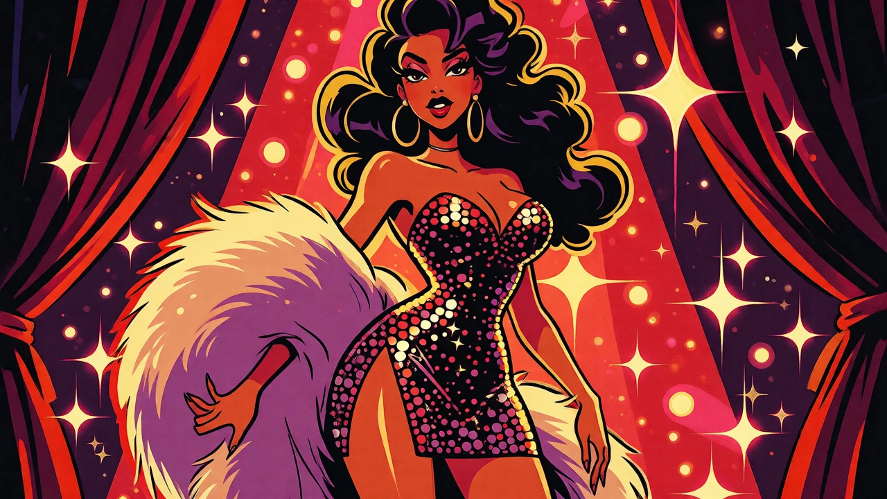 Vintage cartoon of a glamorous woman in a sequined dress and fur stole for 90s R&amp;B.